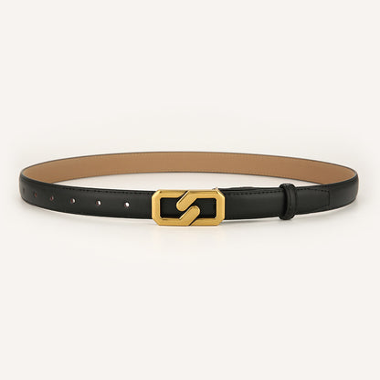 Womens Genuine Leather Belt Black 2.3cm Wide Gold Buckle Waist Strap for Jeans & Dresses Elegant Fashion Accessory