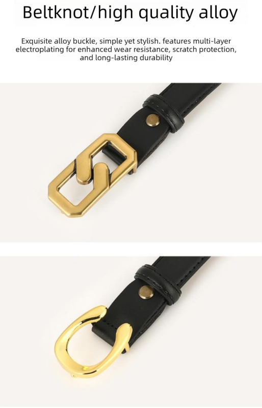 Womens Genuine Leather Belt Black 2.3cm Wide Gold Buckle Waist Strap for Jeans & Dresses Elegant Fashion Accessory - Image 3