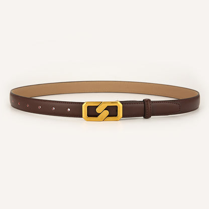 Womens Genuine Leather Belt Coffee 2.3cm Wide Gold Buckle Waist Strap for Jeans & Dresses Elegant Fashion Accessory