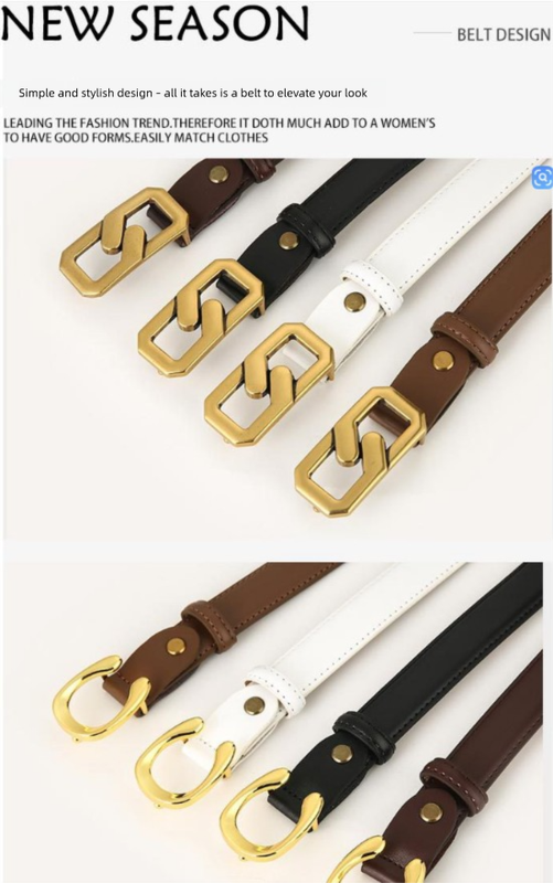 Womens Genuine Leather Belt White 2.3cm Wide Gold Buckle Waist Strap for Jeans & Dresses Elegant Fashion Accessory - Image 2