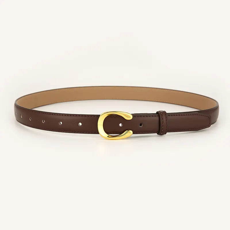 Womens Genuine Leather Belt Coffee C-Shape Gold Buckle Waist Strap for Jeans & Dresses Classic Fashion Accessory