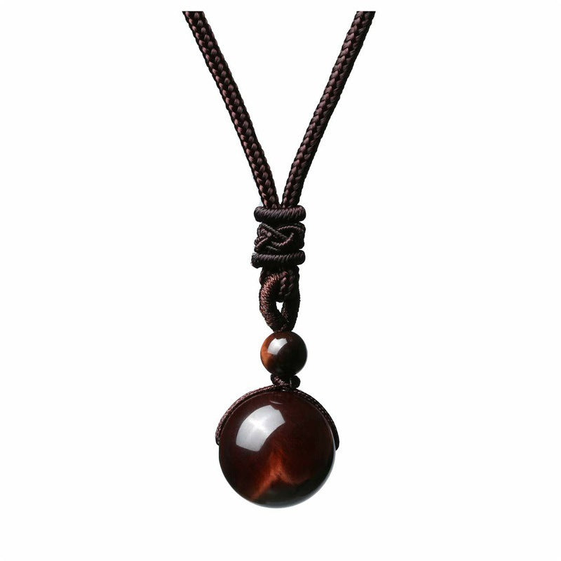 Natural Red Tiger Eye Necklace 14mm Round Stone Pendant Hand Braided Rope Lucky Protection Amulet Jewellery Gift for Men & Women