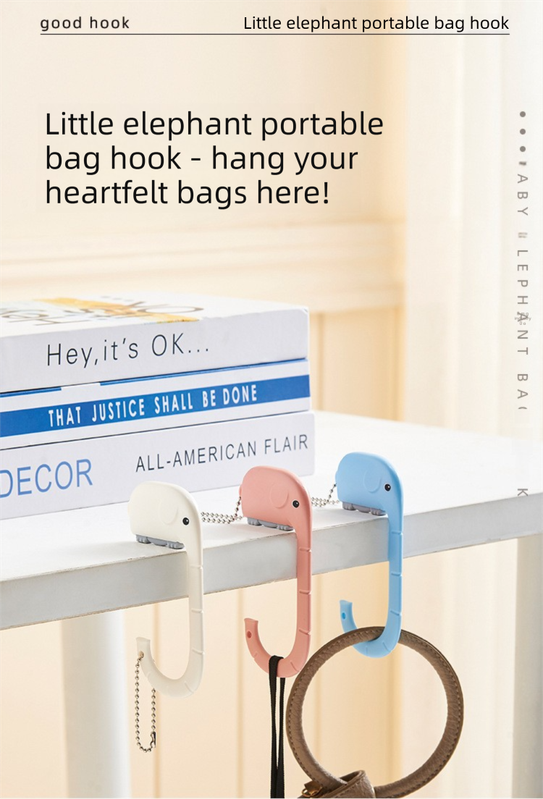 Cartoon Elephant Desk Side Bag Hook Pink Portable Adhesive Schoolbag Hanger No-Drill Movable Table Hook for Students and Office - Image 3