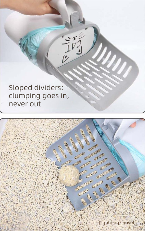 2-in-1 Cat Litter Scoop with Integrated Waste Bin & 2 Rolls Refill Bags Detachable Sifter Shovel Anti-Reflux Baffle Grey - Image 5