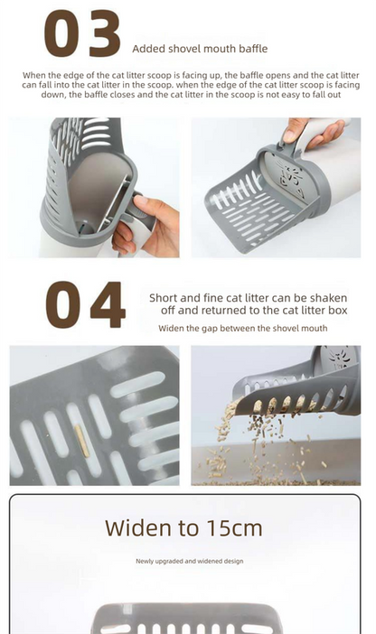 2-in-1 Cat Litter Scoop with Integrated Waste Bin & 8 Rolls Refill Bags Detachable Sifter Shovel Anti-Reflux Baffle Grey - Image 4
