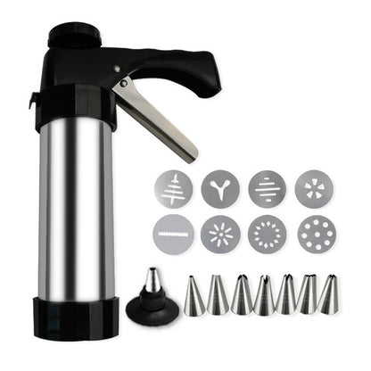 Stainless Steel Cookie Press Gun Kit Biscuit Maker & Icing Decorator Set with 8 Discs 8 Nozzles Heavy Duty DIY Baking Tool for Cakes