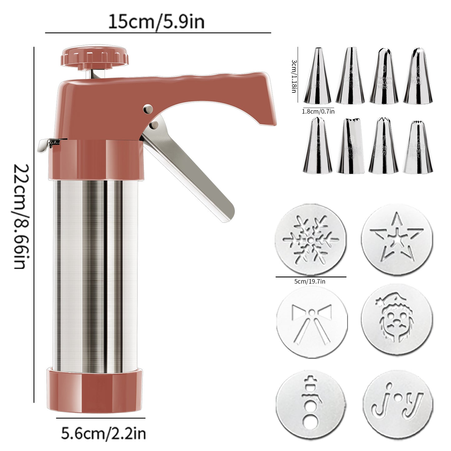 Stainless Steel Cookie Press Maker Kit with 8 Icing Tips and 6 Christmas Discs Red Manual Biscuit Press Machine