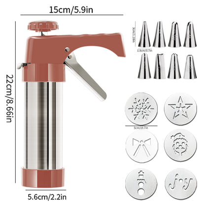 Stainless Steel Cookie Press Maker Kit with 8 Icing Tips and 6 Christmas Discs Red Manual Biscuit Press Machine