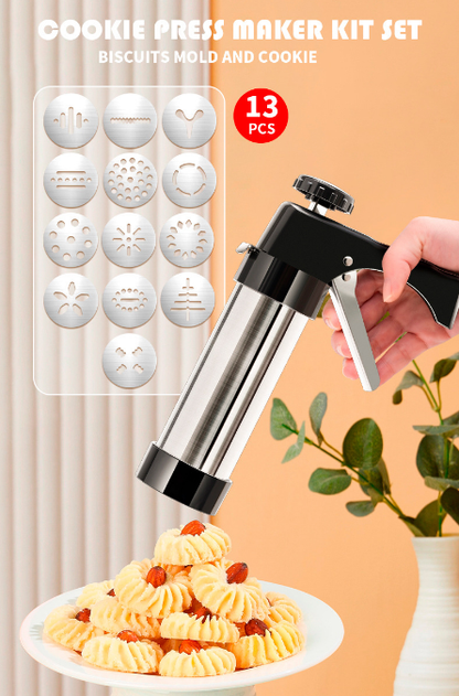 Stainless Steel Cookie Press Maker Kit with 13 Disc Molds and 8 Icing Tips Black Manual Biscuit Machine Set - Image 2