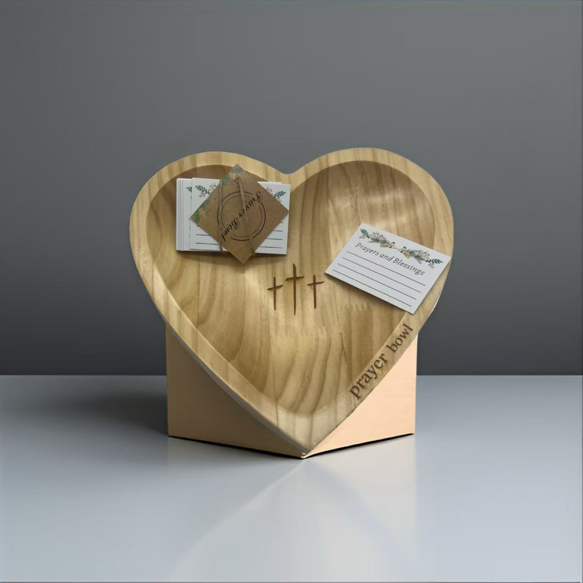 Handcrafted Heart Shaped Wooden Prayer Bowl with Prayer Cards and Raffia Natural Wood Grain Spiritual Gift for Home - Image 3