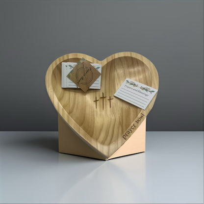 Handcrafted Heart Shaped Wooden Prayer Bowl with Prayer Cards and Raffia Natural Wood Grain Spiritual Gift for Home - Image 3