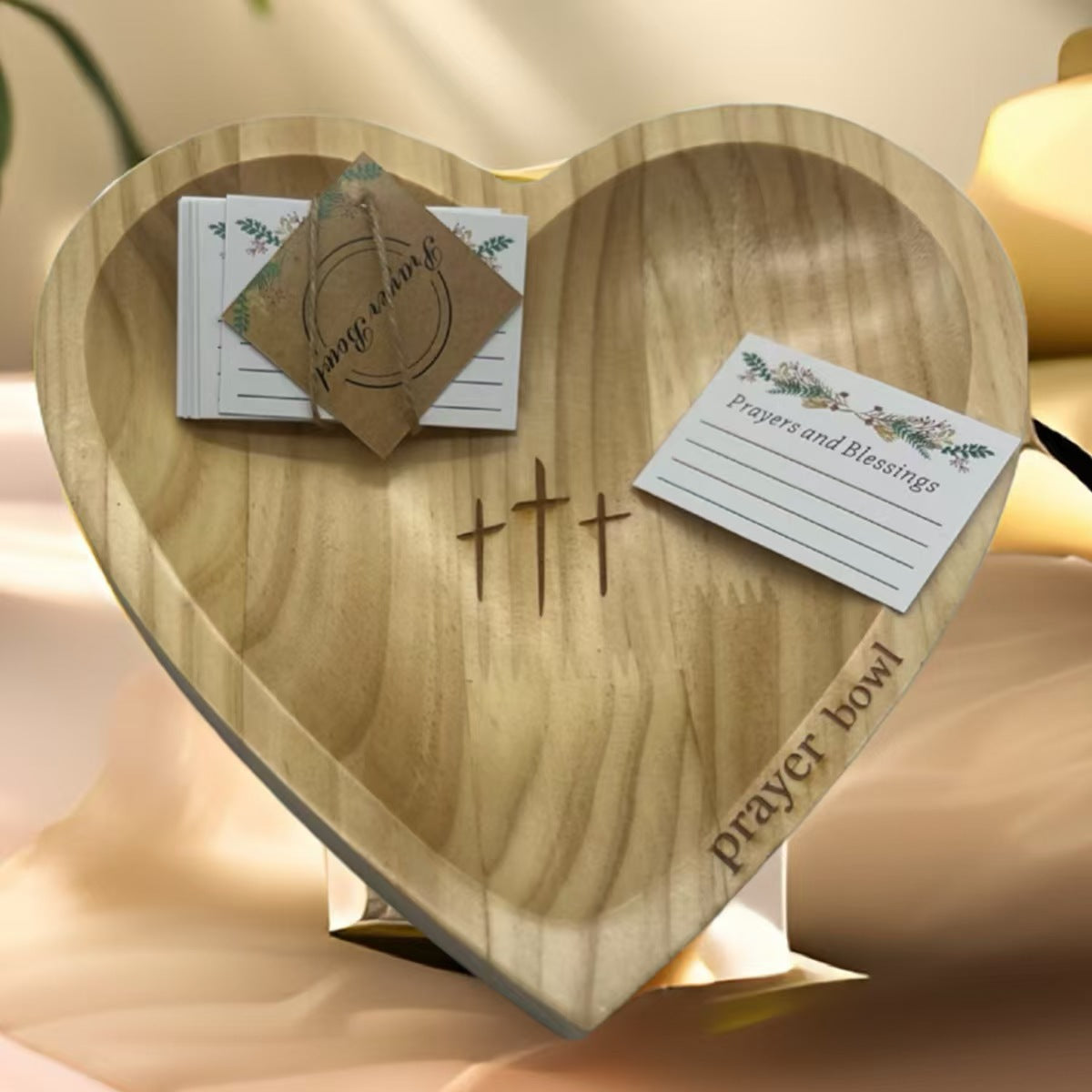 Handcrafted Heart Shaped Wooden Prayer Bowl with Prayer Cards and Raffia Natural Wood Grain Spiritual Gift for Home - Image 4