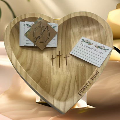 Handcrafted Heart Shaped Wooden Prayer Bowl with Prayer Cards and Raffia Natural Wood Grain Spiritual Gift for Home - Image 4