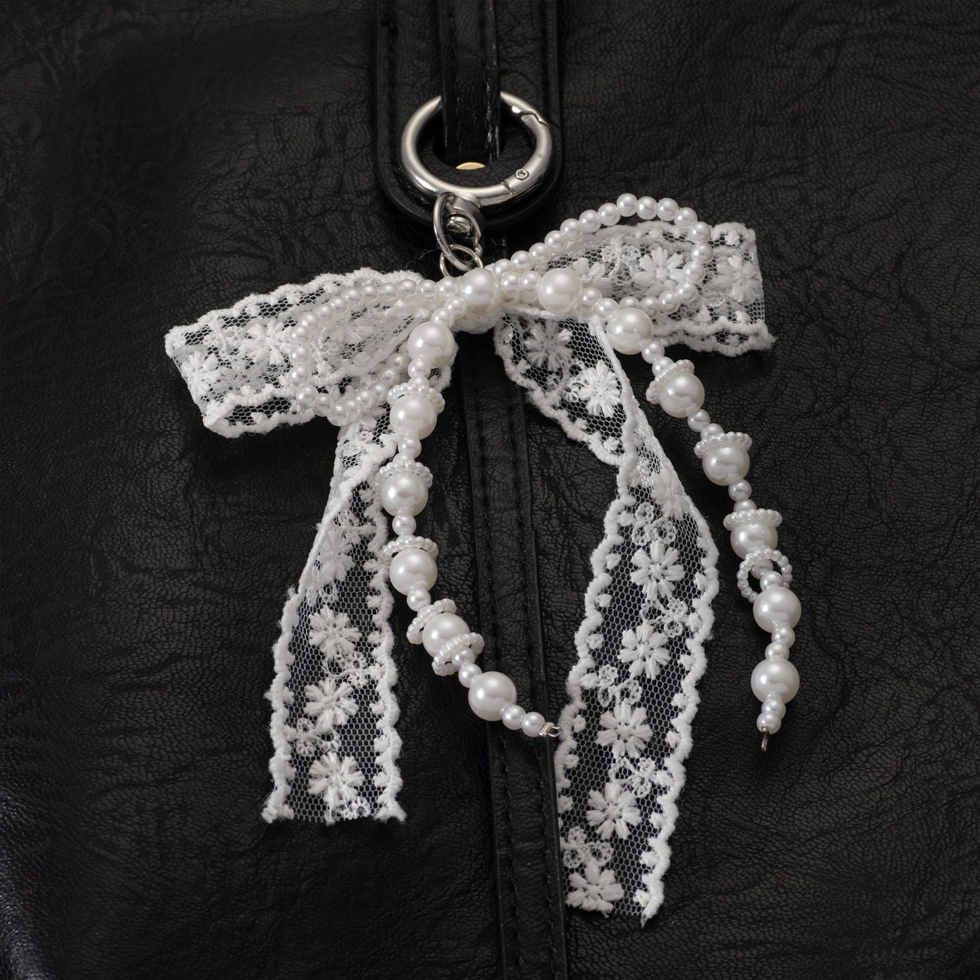 Korean Style Designer Faux Pearl and Fabric Bow Bag Charm Elegant White Ribbon Bow Keychain for Handbags and Car Keys - Image 2