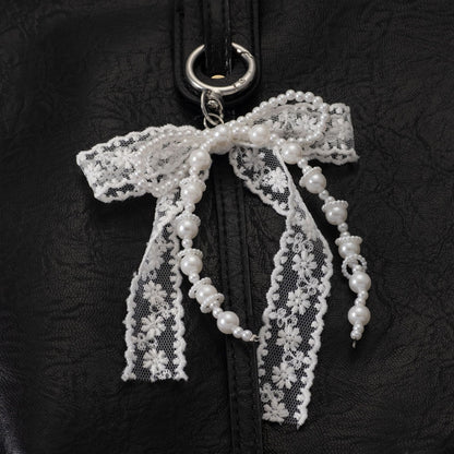 Korean Style Designer Faux Pearl and Fabric Bow Bag Charm Elegant White Ribbon Bow Keychain for Handbags and Car Keys - Image 2