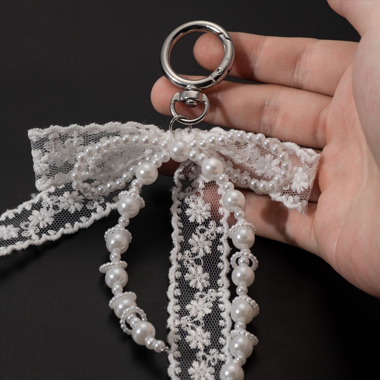 Korean Style Designer Faux Pearl and Fabric Bow Bag Charm Elegant White Ribbon Bow Keychain for Handbags and Car Keys - Image 3