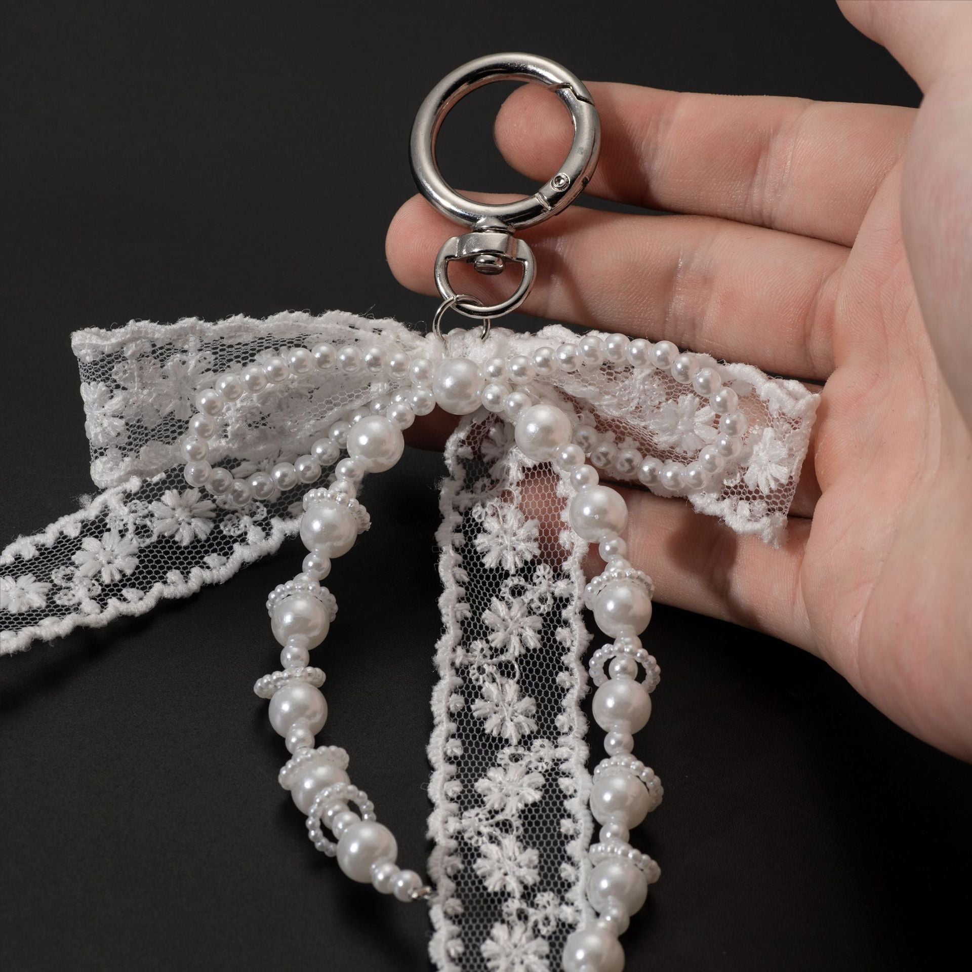 Korean Style Designer Faux Pearl and Fabric Bow Bag Charm Elegant White Ribbon Bow Keychain for Handbags and Car Keys - Image 3