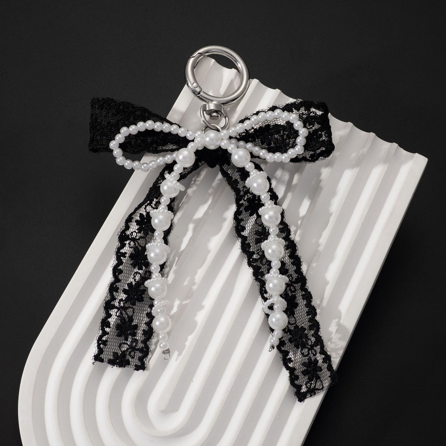 Korean Style Designer Faux Pearl and Fabric Bow Bag Charm Elegant Black Ribbon Bow Keychain for Handbags and Car Keys - Image 2