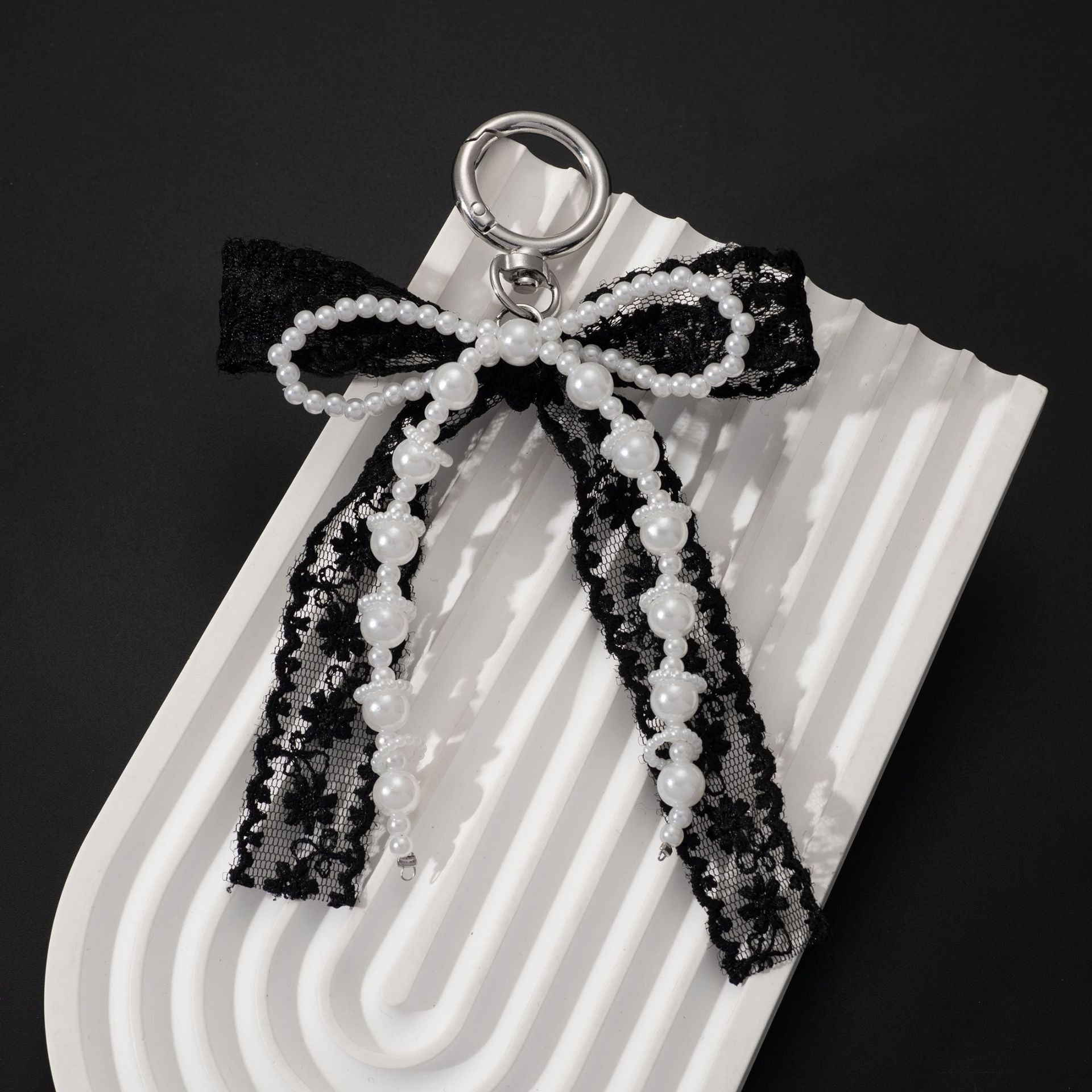 Korean Style Designer Faux Pearl and Fabric Bow Bag Charm Elegant Black Ribbon Bow Keychain for Handbags and Car Keys - Image 2