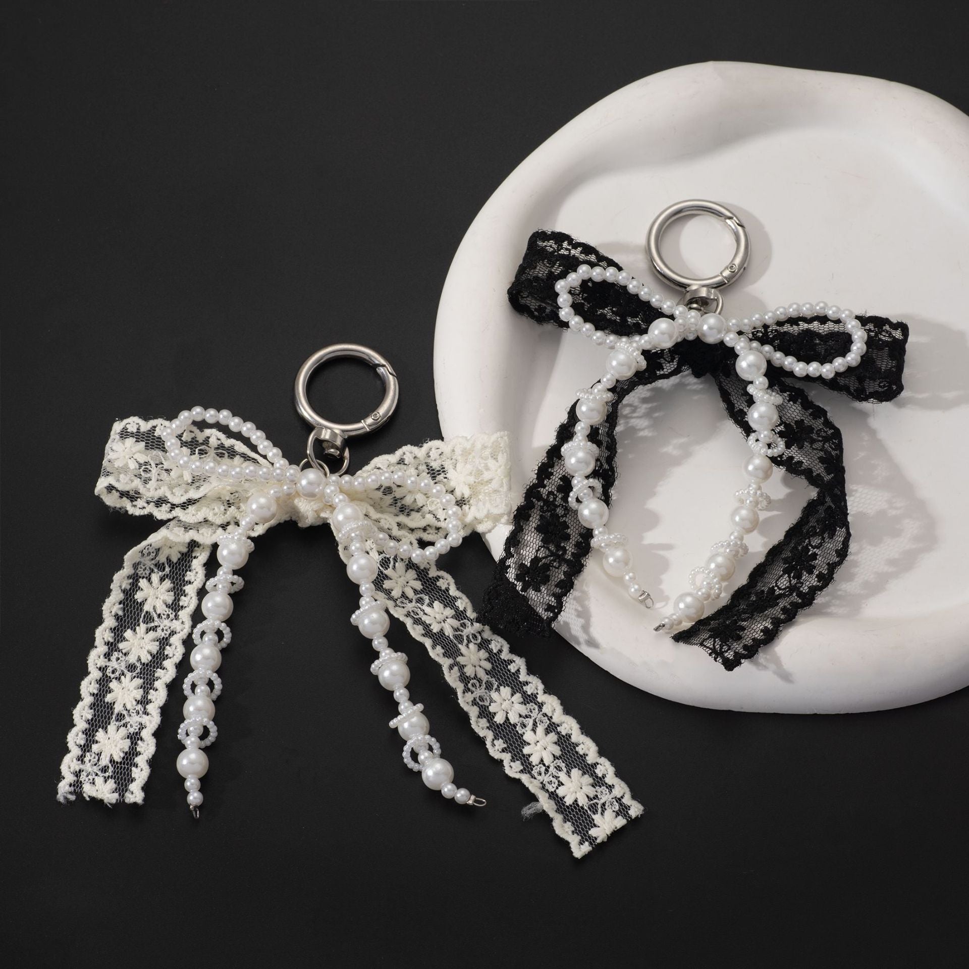 Korean Style Designer Faux Pearl and Fabric Bow Bag Charm Elegant Beige Ribbon Bow Keychain for Handbags and Car Keys - Image 2