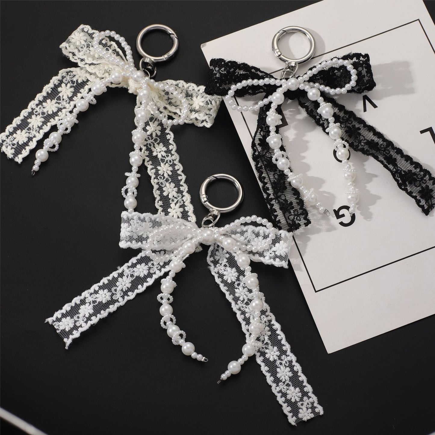 Korean Style Designer Faux Pearl and Fabric Bow Bag Charm Elegant Beige Ribbon Bow Keychain for Handbags and Car Keys - Image 3