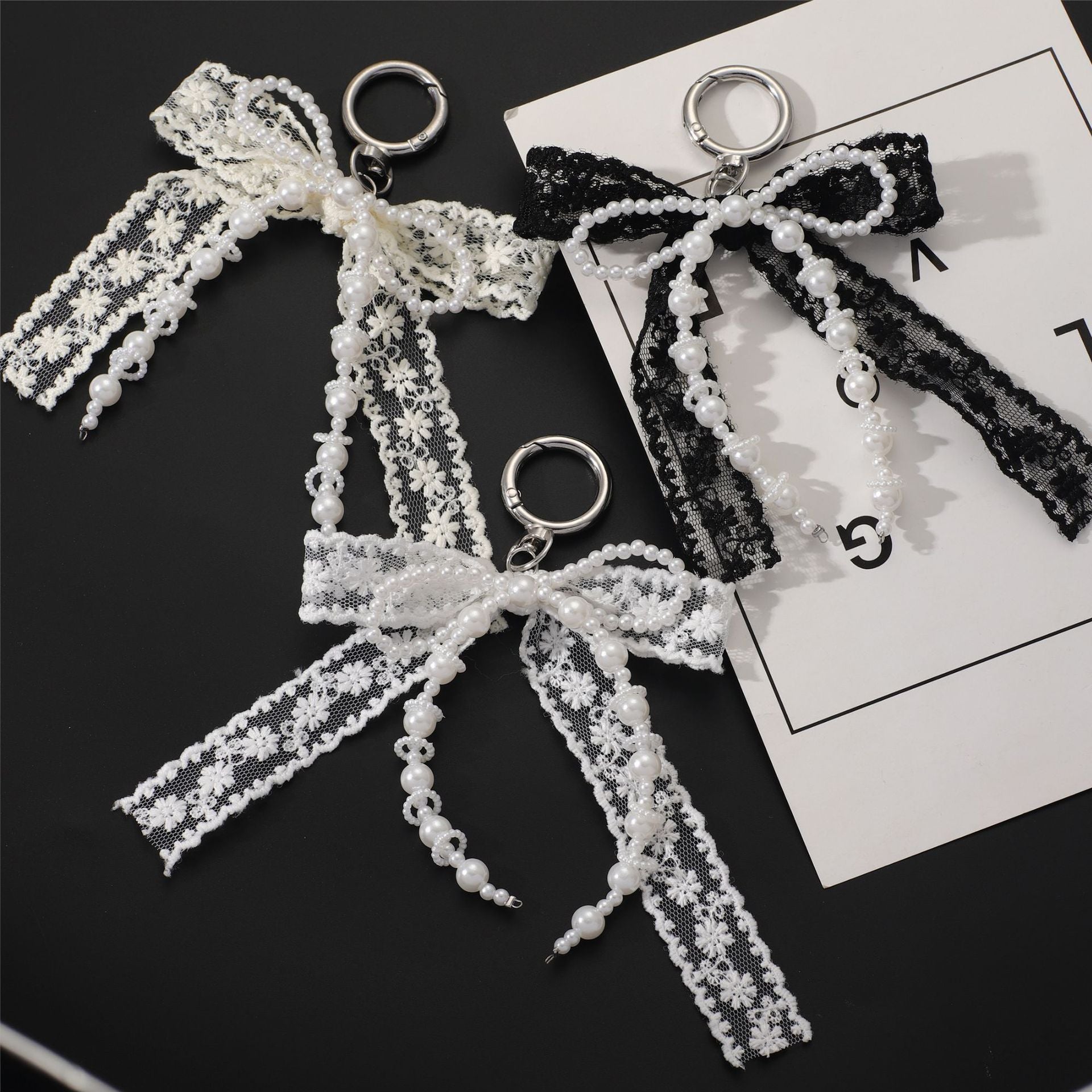 Korean Style Designer Faux Pearl and Fabric Bow Bag Charm Elegant Beige Ribbon Bow Keychain for Handbags and Car Keys - Image 3