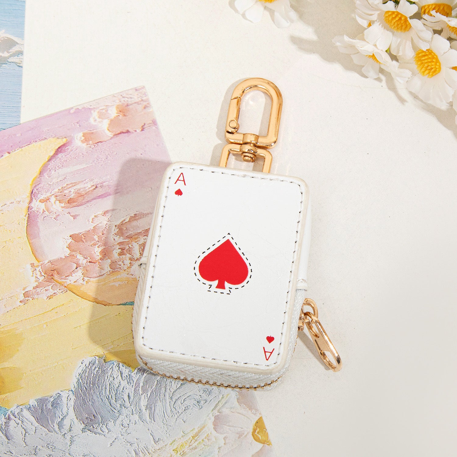 Ace of Hearts Mini Pouch Keychain PU Leather Coin Purse Earphone Case Bag Charm Cute Playing Card Keyring Gift