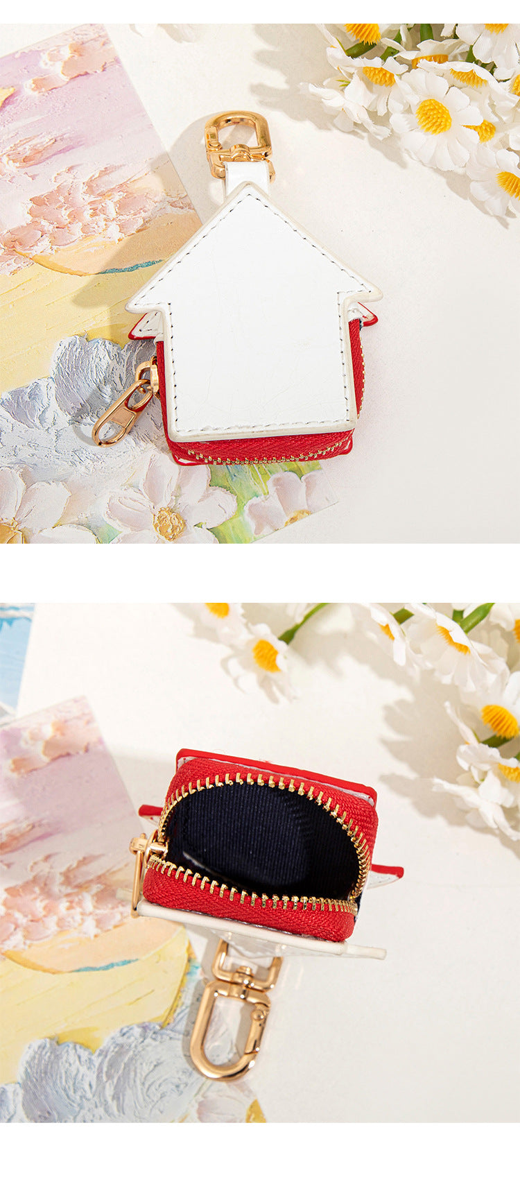 Cute Christmas House Mini Pouch Keychain PU Leather Coin Purse Earbuds Case Bag Charm Festive Gift - Image 5