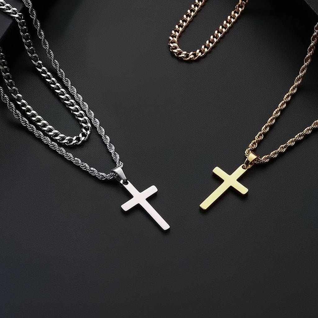 Silver Tone Cross Pendant Necklace Twisted Rope Chain 45cm Unisex Fashion Jewellery Gift for Men & Women - Image 2