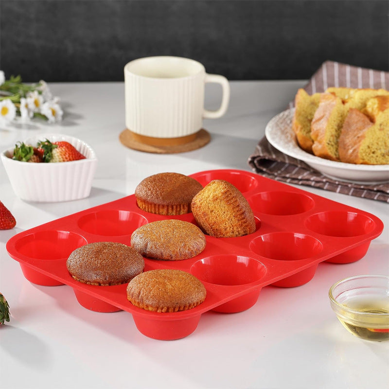 2PCS Red Food Grade Silicone Cake Mould 12 Cup Round Cupcake Pan Easy Release Non Stick Baking Trays - Image 3