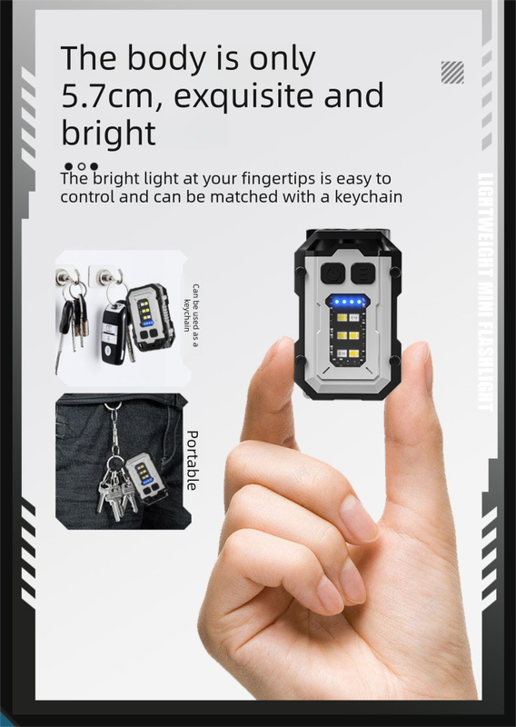 Mini EDC Keychain Flashlight Dual LED Super Bright 750mAh Type-C Rechargeable Magnetic Torch Work Light White - Image 3