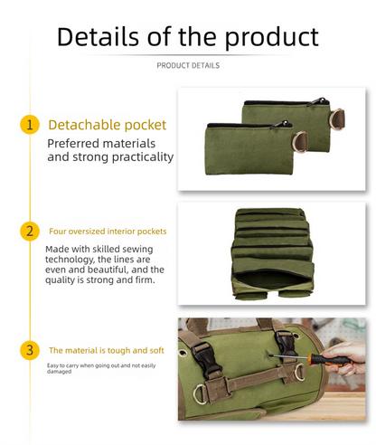 Heavy Duty Tool Roll Up Bag Organiser Multi-Pocket Canvas Carry Pouch for Electrician DIY Mechanic & 4WD Camping Black - Image 4