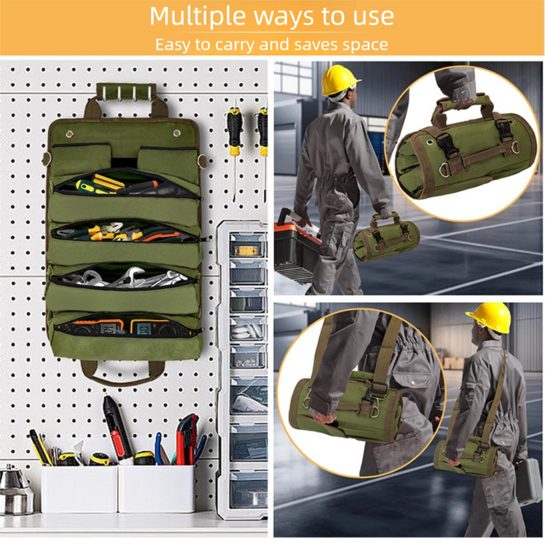Heavy Duty Tool Roll Up Bag Organiser Multi-Pocket Canvas Carry Pouch for Electrician DIY Mechanic & 4WD Camping Light Grey - Image 3