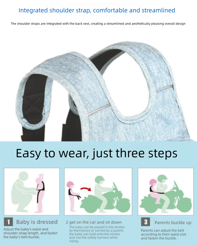 Child Motorcycle Safety Harness Strap Adjustable Passenger Belt with Handles & Storage Pocket Breathable Linen Red for Scooter - Image 6