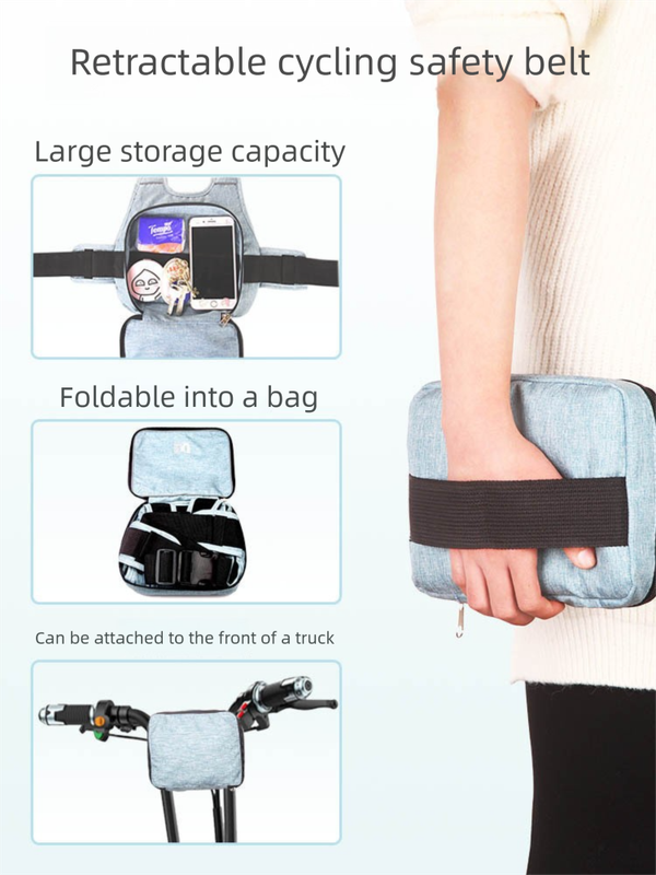 Child Motorcycle Safety Harness Strap Adjustable Passenger Belt with Handles & Storage Pocket Breathable Linen Blue for Scooter - Image 2