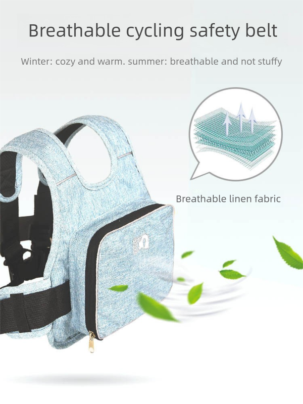 Child Motorcycle Safety Harness Strap Adjustable Passenger Belt with Handles & Storage Pocket Breathable Linen Blue for Scooter - Image 3