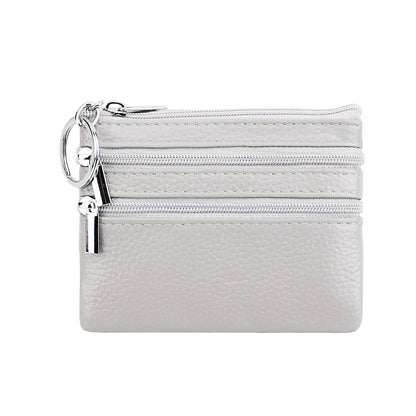 Genuine Leather Coin Purse Mini Wallet with Triple Zipper Pockets Key Ring Holder Pouch for Cash & Cards - Medium Gray