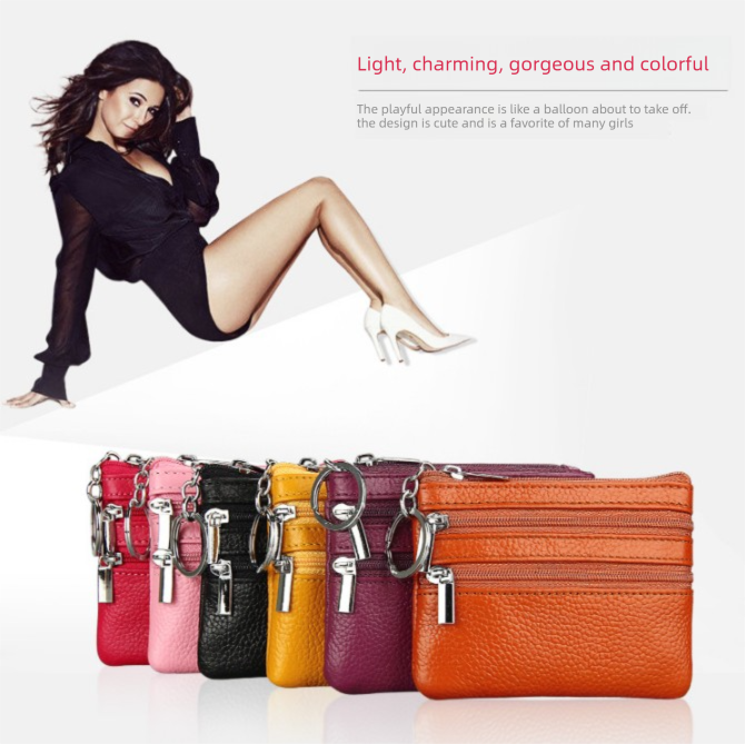 Genuine Leather Coin Purse Mini Wallet with Triple Zipper Pockets Key Ring Holder Pouch for Cash & Cards - Medium Gray - Image 2