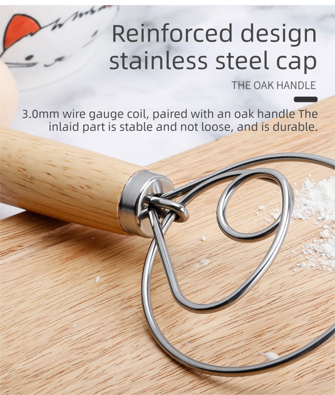 Danish Dough Whisk Heart Shaped Design Short Oak Wood Handle Stainless Steel Bread Mixer Tool for Sourdough Pizza & Batter - Image 4