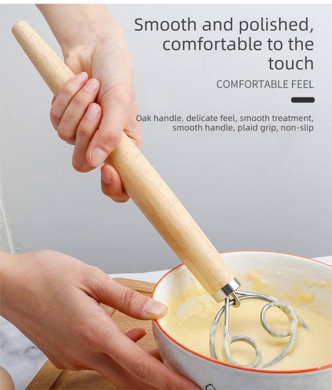 Danish Dough Whisk Slim Dual Ring Design Short Oak Wood Handle Bread Mixer Tool for Sourdough Starter Jars & Batters - Image 5