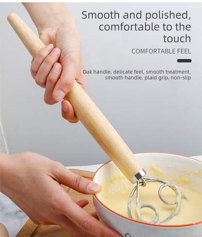 Danish Dough Whisk Slim Dual Ring Design Short Oak Wood Handle Bread Mixer Tool for Sourdough Starter Jars & Batters - Image 5
