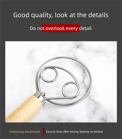 Danish Dough Whisk Slim Dual Ring Design Short Oak Wood Handle Bread Mixer Tool for Sourdough Starter Jars & Batters - Image 7
