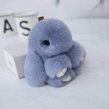 Fluffy Mini Rex Rabbit Fur Keychain Cute Bunny Bag Charm - Soft Plush Animal Doll Key Ring for Car Keys & Handbags - Light Grey