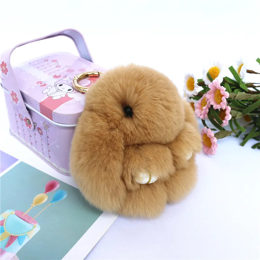 Fluffy Mini Rex Rabbit Fur Keychain Cute Bunny Bag Charm - Soft Plush Animal Doll Key Ring for Car Keys & Handbags - Khaki