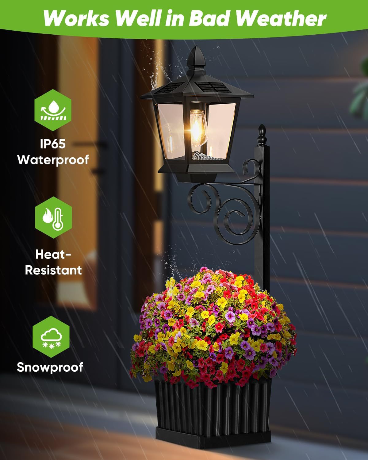 2-in-1 Solar Planter Light Outdoor - Metal Lamp Post & Wall Sconce with Planter Box - IP65 Waterproof LED Lantern for Garden, Patio & Porch - Warm White (Small) - Image 2
