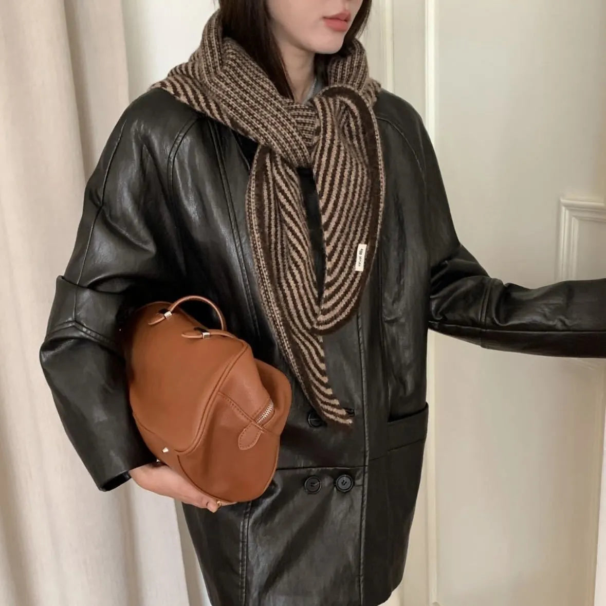Coffee Striped Wool Blend Knitted Triangle Scarf - Soft Warm Shawl Neck Wrap for Women - Chic Autumn Layering Accessory - Brown