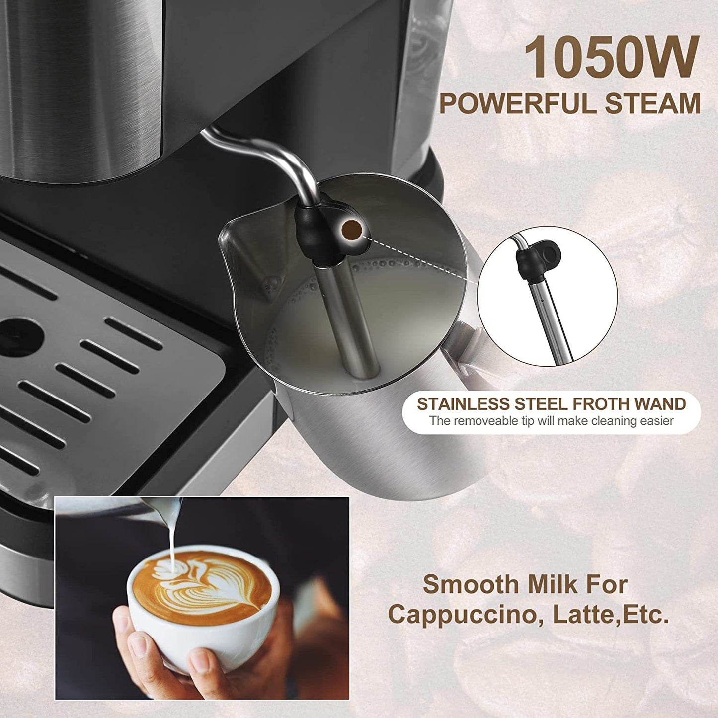 Premium Espresso Coffee Machine with Touch Control Panel & Steam Milk Frother 1050W Stainless Steel CM3010 (AU Plug) - Image 5