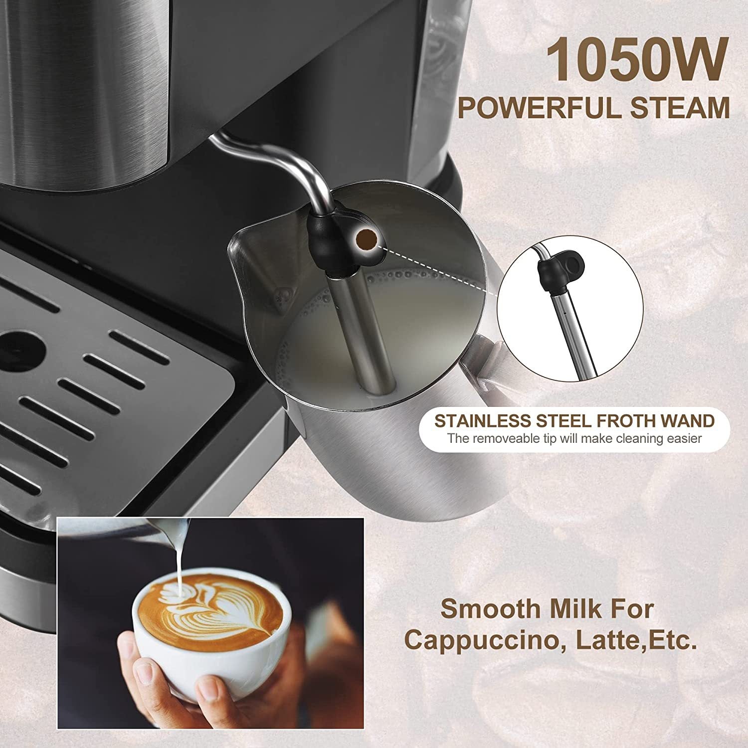 Premium Espresso Coffee Machine with Touch Control Panel & Steam Milk Frother 1050W Stainless Steel CM3010 (AU Plug) - Image 5