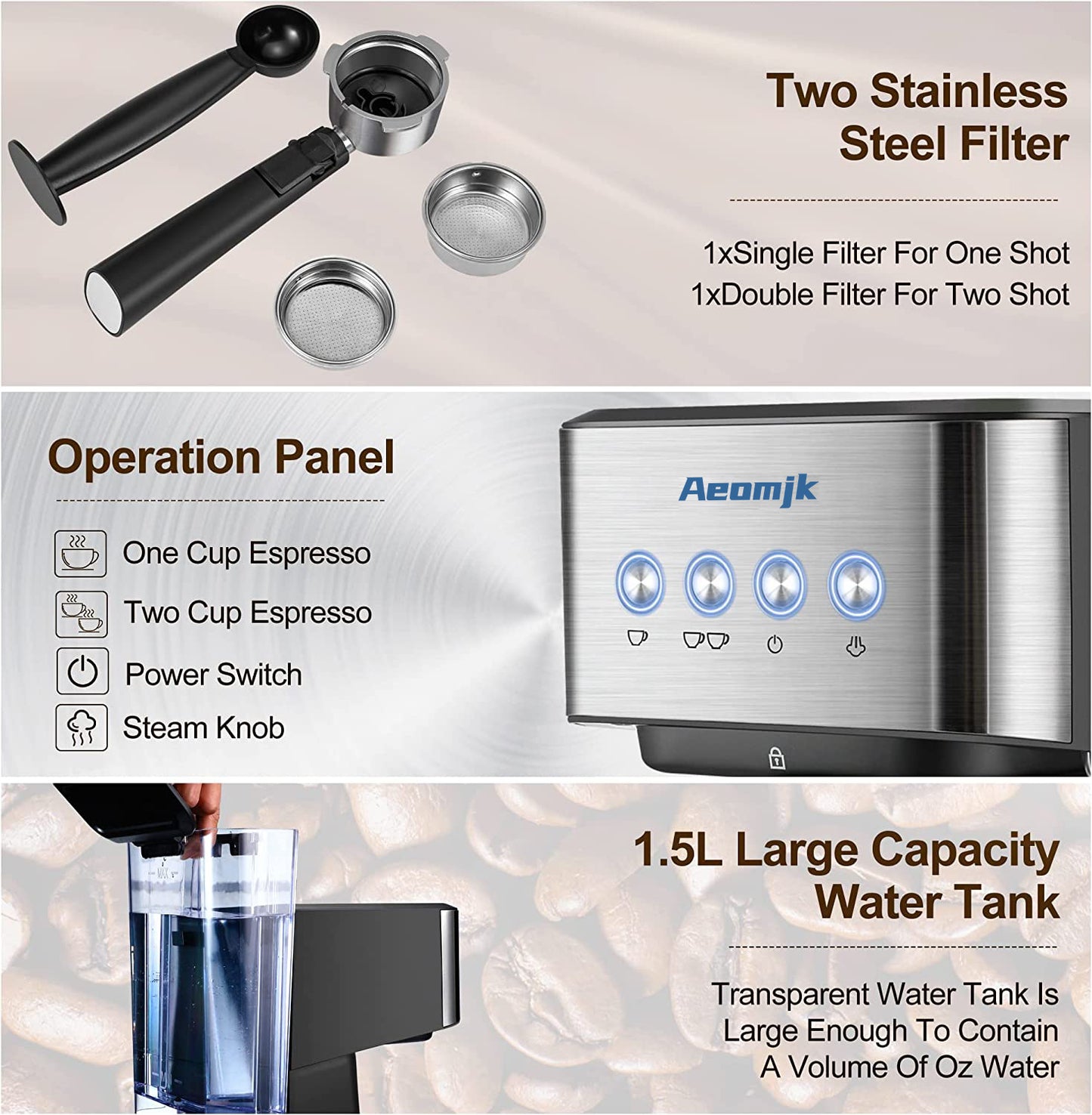 Premium Espresso Coffee Machine with Touch Control Panel & Steam Milk Frother 1050W Stainless Steel CM3010 (AU Plug) - Image 6