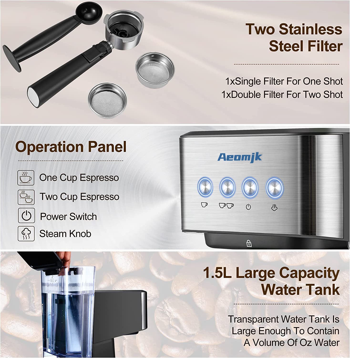 Premium Espresso Coffee Machine with Touch Control Panel & Steam Milk Frother 1050W Stainless Steel CM3010 (AU Plug) - Image 6